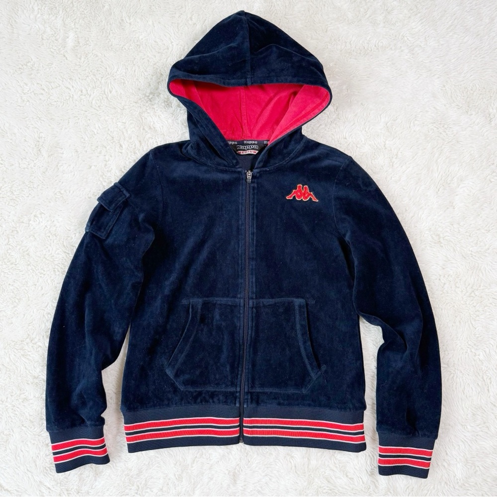 VTG Y2K 90s Kappa Woman Blue Velvet Zip-Up Hoodie Sweater MEDIUM Streetwear